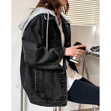 LifeShe Women's denim jacket with hood oversized distressed jean jackets hoodie