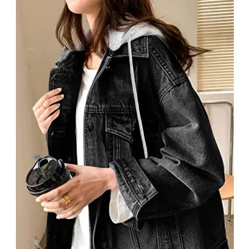 LifeShe Women's denim jacket with hood oversized distressed jean jackets hoodie
