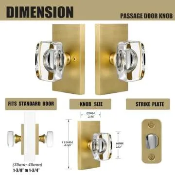HIEMEY Gold Crystal Glass Passage Door Knobs Interior, Modern Satin Brass Door Knobs Heavy Duty for Closet Hallway