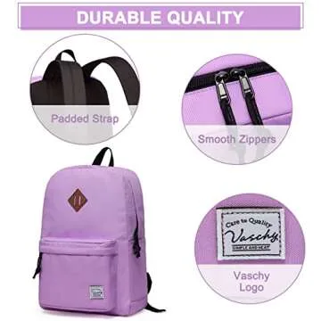 VASCHY School Backpack, Lightweight Water Repellent Backpack Men School Bag Women Children Boy Leisure for Girl School High School Teenagers College Business Travel, Orchid, Taille Unique, Daypack