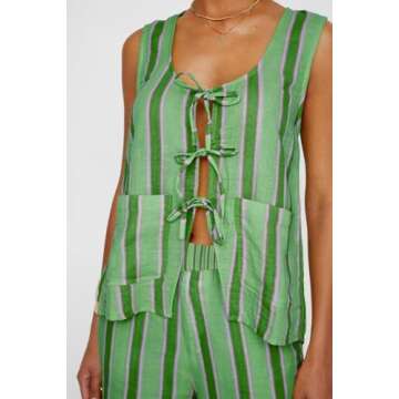 Juakoso Women 2 Piece Tie Front Pants Set Y2k V Neck Sleeveless Vest High Waist Wide Leg Pants Striped Lounge Outfit