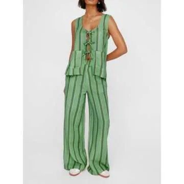 Juakoso Women 2 Piece Tie Front Pants Set Y2k V Neck Sleeveless Vest High Waist Wide Leg Pants Striped Lounge Outfit