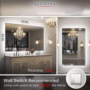 Keonjinn 55" LED Bathroom Mirror with Anti-Fog & Dimmable Lights