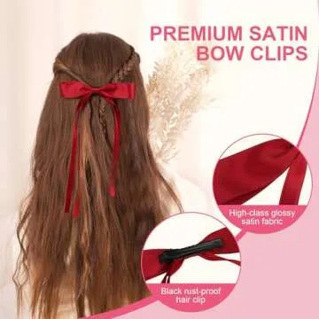 8 PCS Silky Satin Hair Bows with Tassel for Women Grils, Tassel Ribbon Bowknot Hair Clips for Ponytail Holder. Pink, Red Hair Bow and Black, White Barrettes Claw Bow