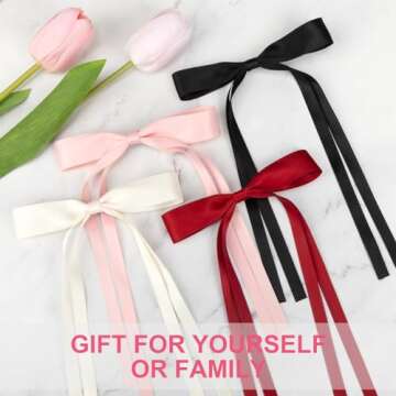 8 PCS Silky Satin Hair Bows with Tassel for Women Grils, Tassel Ribbon Bowknot Hair Clips for Ponytail Holder. Pink, Red Hair Bow and Black, White Barrettes Claw Bow
