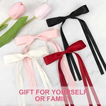 8 PCS Silky Satin Hair Bows with Tassel for Women Grils, Tassel Ribbon Bowknot Hair Clips for Ponytail Holder. Pink, Red Hair Bow and Black, White Barrettes Claw Bow