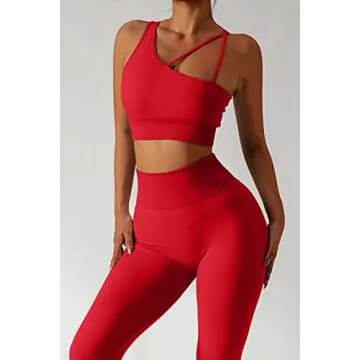 QINSEN Workout Sets for Women Seamless Sports Crop Tops High Waisted Leggings Two Piece Outfits Red M