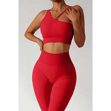 QINSEN Workout Sets for Women Seamless Sports Crop Tops High Waisted Leggings Two Piece Outfits Red M