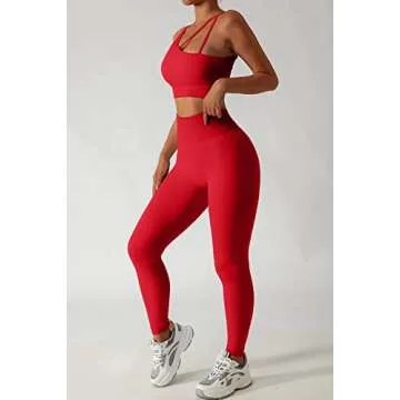 QINSEN Workout Sets for Women Seamless Sports Crop Tops High Waisted Leggings Two Piece Outfits Red M