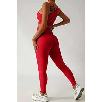 QINSEN Workout Sets for Women Seamless Sports Crop Tops High Waisted Leggings Two Piece Outfits Red M