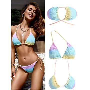 ZAFUL Women's Halter Neck Smocked Rainbow Tie Side String Triangle Bikini Set (4-Multi, S)