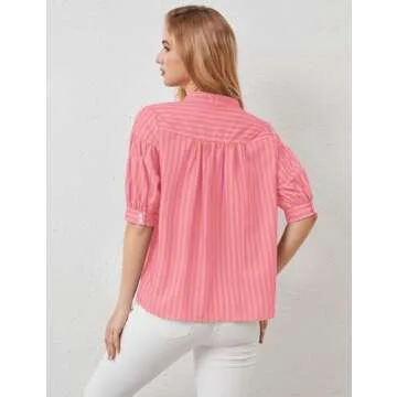 Ymejia Women's Short Puff Sleeve Striped Blouses Top - V Neck Loose Fit Casual Summer Work Blouses