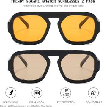 MUNSADE Trendy Square Aviator Sunglasses for Women Flat Top Designer Stylish Frame Sun Glasses Vintage Shades ((2 Pack) Black/Orange+Black/Light Brown)