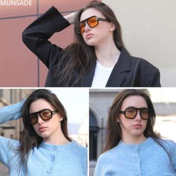 MUNSADE Trendy Square Aviator Sunglasses for Women Flat Top Designer Stylish Frame Sun Glasses Vintage Shades ((2 Pack) Black/Orange+Black/Light Brown)