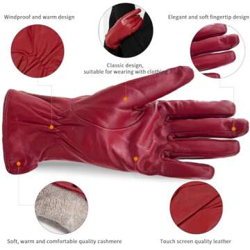 ZLUXURQ Soft Genuine Lambskin Leather Cold Weather Touchscreen Gloves Cashmere Lined for Women in Red