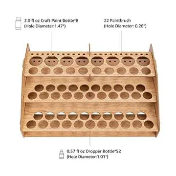 Amazon Basics Craft Paint & Brush Organizer Rack, Holds up to 60 Bottles (52 1-inch and 8 1.47-inch) and 22 brushes - 14 x 8 Inches, Wood Finish, Light brown, 14.1 x 9.6 x 4.3
