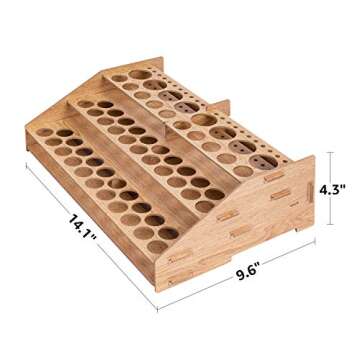 Amazon Basics Craft Paint & Brush Organizer Rack, Holds up to 60 Bottles (52 1-inch and 8 1.47-inch) and 22 brushes - 14 x 8 Inches, Wood Finish, Light brown, 14.1 x 9.6 x 4.3