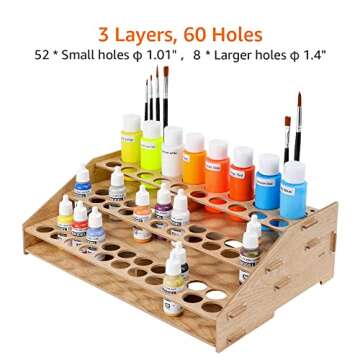 Amazon Basics Craft Paint & Brush Organizer Rack, Holds up to 60 Bottles (52 1-inch and 8 1.47-inch) and 22 brushes - 14 x 8 Inches, Wood Finish, Light brown, 14.1 x 9.6 x 4.3