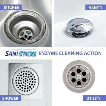 SANI 360° Sani Sticks Drain Cleaner and Deodorizer, Enzyme Pipe Cleaners, Eliminate Odors, Prevent Clogged Drains, Safe for Sinks, Bathtub Drains, Septic Tanks, 24 Count, Lemon Scent