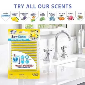 SANI 360° Sani Sticks Drain Cleaner and Deodorizer, Enzyme Pipe Cleaners, Eliminate Odors, Prevent Clogged Drains, Safe for Sinks, Bathtub Drains, Septic Tanks, 24 Count, Lemon Scent