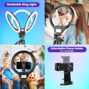 Sensyne 10'' RGB Ring Light with 50'' Extendable Tripod Stand, Circle Lights with Phone Holder for Live Stream/Makeup/YouTube Video/TikTok, Compatible with All Phones