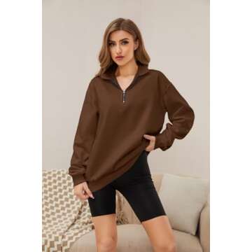 MISSACTIVER Women's Oversized Quarter 1/4 Zip Sweatshirts Lapel Collar Long sleeve Drop Shoulder Solid Pullover Jumper Top Brown