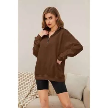 MISSACTIVER Women's Oversized Quarter 1/4 Zip Sweatshirts Lapel Collar Long sleeve Drop Shoulder Solid Pullover Jumper Top Brown