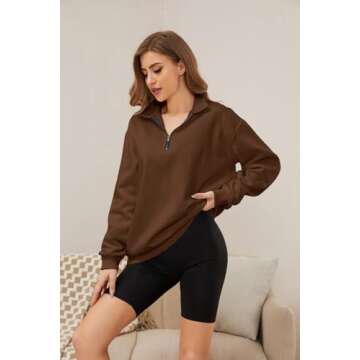MISSACTIVER Women's Oversized Quarter 1/4 Zip Sweatshirts Lapel Collar Long sleeve Drop Shoulder Solid Pullover Jumper Top Brown