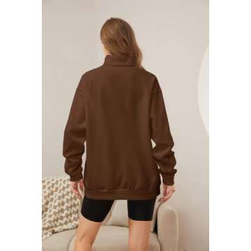 MISSACTIVER Women's Oversized Quarter 1/4 Zip Sweatshirts Lapel Collar Long sleeve Drop Shoulder Solid Pullover Jumper Top Brown