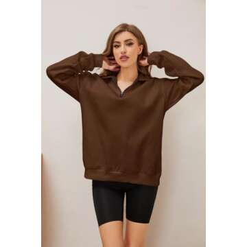 MISSACTIVER Women's Oversized Quarter 1/4 Zip Sweatshirts Lapel Collar Long sleeve Drop Shoulder Solid Pullover Jumper Top Brown
