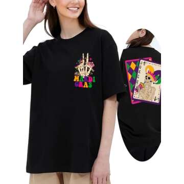 OCURHU Mardi Gras Shirts for Women Oversized Short Sleeve Mardi Gras Outfits Funny Skeleton Graphic ...