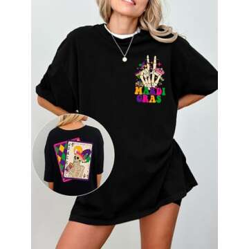 OCURHU Mardi Gras Shirts for Women Oversized Short Sleeve Mardi Gras Outfits Funny Skeleton Graphic Tee Tops Black S