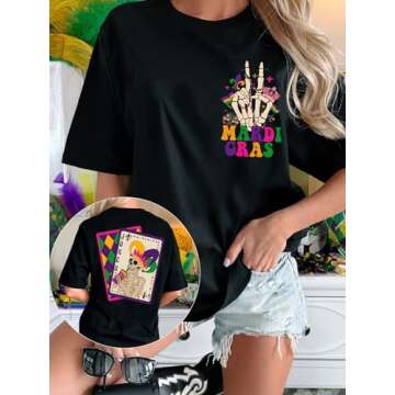 OCURHU Mardi Gras Shirts for Women Oversized Short Sleeve Mardi Gras Outfits Funny Skeleton Graphic Tee Tops Black S