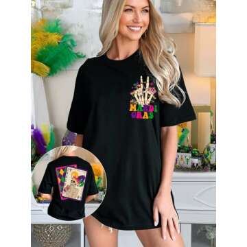 OCURHU Mardi Gras Shirts for Women Oversized Short Sleeve Mardi Gras Outfits Funny Skeleton Graphic Tee Tops Black S