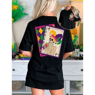 OCURHU Mardi Gras Shirts for Women Oversized Short Sleeve Mardi Gras Outfits Funny Skeleton Graphic Tee Tops Black S