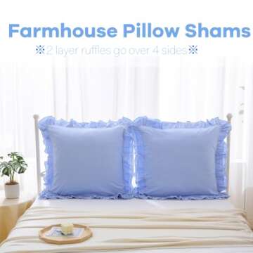 YOKKITA 2 Pack Blue Ruffle Euro Shams Pillow Covers 26x26 inches, 100% Cotton French Country Rustic ...