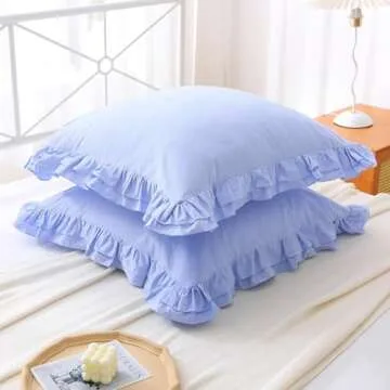 YOKKITA 2 Pack Blue Ruffle Euro Shams Pillow Covers 26x26 inches, 100% Cotton French Country Rustic Large Square European Vintage Shabby and Chic Decorative Pillowcases for Bed/Sofa (Blue, 26x26)