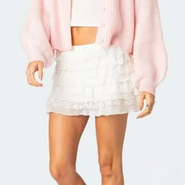​Women Y2k Mini Skirt Ruffle Asymmetrical Hem A Line Mini Skirt Vintage Fairycore Lace Patchwork Layered Mini Skirt (White-Floral lace Tiered, M)