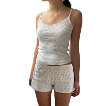 SOLILOQUY Y2K Floral 2 Piece Pajama Set for Women Fairy Cottage Lounge Set Lace Trim Cami Crop Top+S...