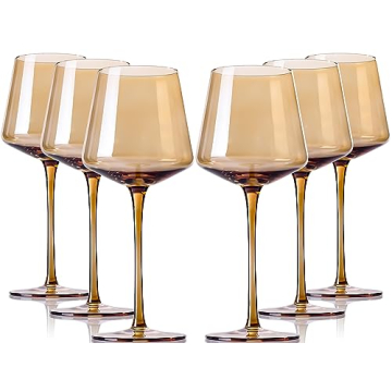 Comfit Amber Wine Glasses Set Of 6 - Elegant Colorful Stemware for Celebrations