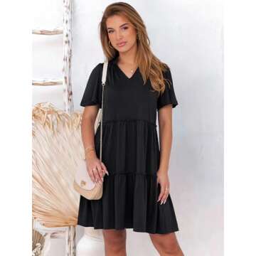 ANRABESS Women Summer V Neck Short Sleeve Tunic Short Dress 2025 Casual Flowy Swing Tiered A-line Be...