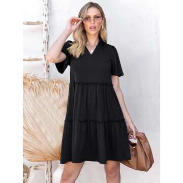 ANRABESS Women Summer V Neck Short Sleeve Tunic Short Dress 2025 Casual Flowy Swing Tiered A-line Beach Babydoll Mini Dress Black Large