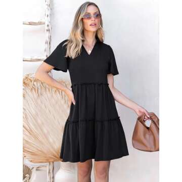 ANRABESS Women Summer V Neck Short Sleeve Tunic Short Dress 2025 Casual Flowy Swing Tiered A-line Beach Babydoll Mini Dress Black Large