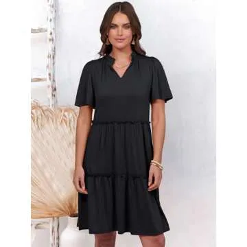 ANRABESS Women Summer V Neck Short Sleeve Tunic Short Dress 2025 Casual Flowy Swing Tiered A-line Beach Babydoll Mini Dress Black Large