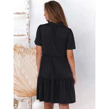 ANRABESS Women Summer V Neck Short Sleeve Tunic Short Dress 2025 Casual Flowy Swing Tiered A-line Beach Babydoll Mini Dress Black Large