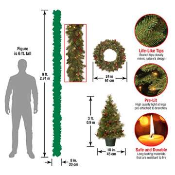 National Tree Company Pre-lit White LED Lights Holiday Christmas 4-Piece Set - Garland, Wreath and Set of 2 Entrance Trees