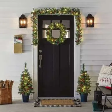 National Tree Company Pre-lit White LED Lights Holiday Christmas 4-Piece Set - Garland, Wreath and Set of 2 Entrance Trees