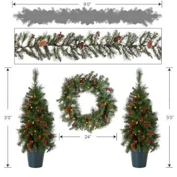 National Tree Company Pre-lit White LED Lights Holiday Christmas 4-Piece Set - Garland, Wreath and Set of 2 Entrance Trees