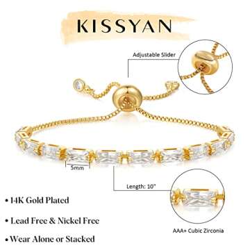 KissYan Tennis Bracelet for Women, 14K Gold Plated Cubic Zirconia Adjustable Slider Bracelets Classic Trendy Jewelry Gift(White)