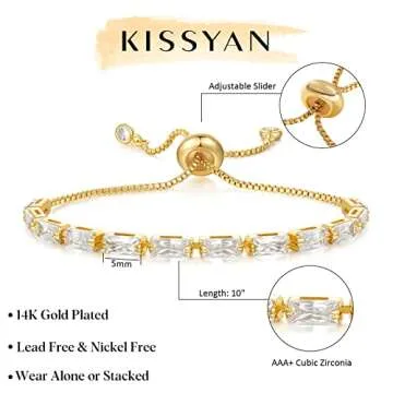 KissYan Tennis Bracelet for Women, 14K Gold Plated Cubic Zirconia Adjustable Slider Bracelets Classic Trendy Jewelry Gift(White)